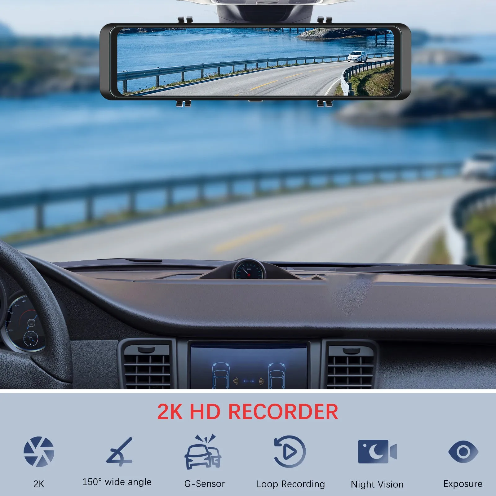 10.88 Inch 2k Mirror Dash Cam Backup Camera Front Rear Dual