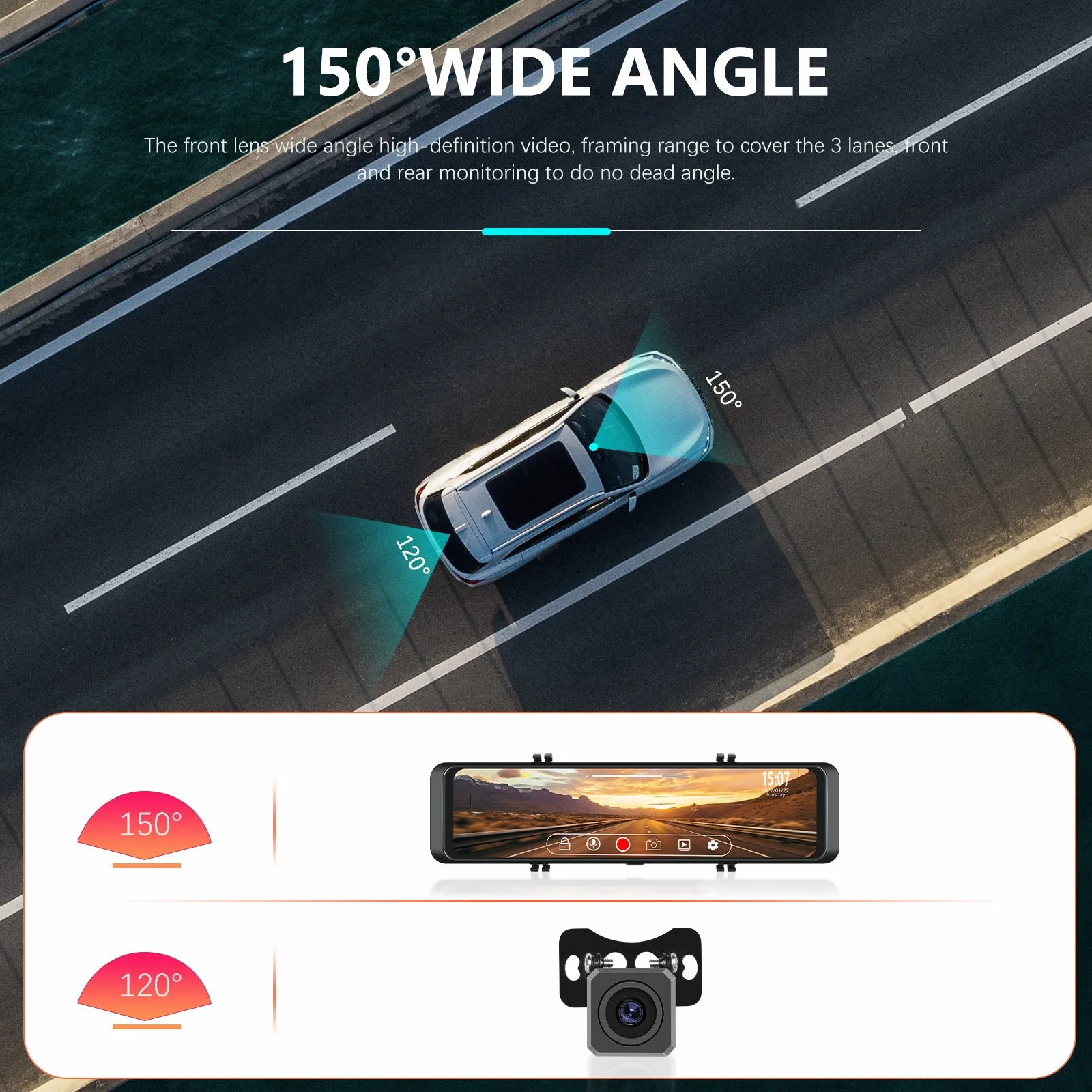 10.88 Inch 2k Mirror Dash Cam Backup Camera Front Rear Dual