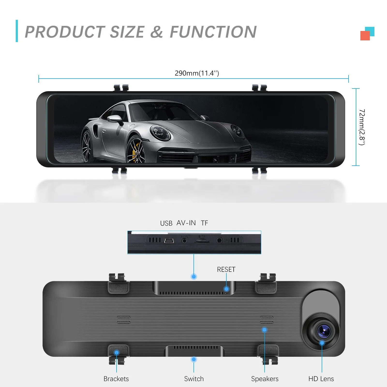 10.88 Inch 2k Mirror Dash Cam Backup Camera Front Rear Dual