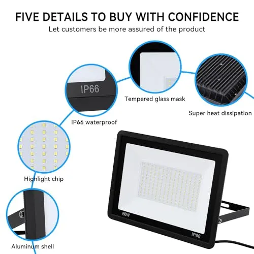 1Pack-60W LED Flood Light Outdoor,6600lm LED Work Light with 6FT US Plug,IP67 Waterproof Exterior Security Lights,6000K Daylight White Outside Floodlights Slim Design for Playground Yard Stadium