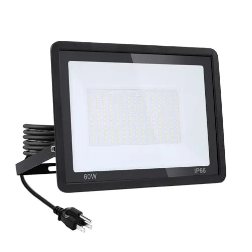 1Pack-60W LED Flood Light Outdoor,6600lm LED Work Light with 6FT US Plug,IP67 Waterproof Exterior Security Lights,6000K Daylight White Outside Floodlights Slim Design for Playground Yard Stadium