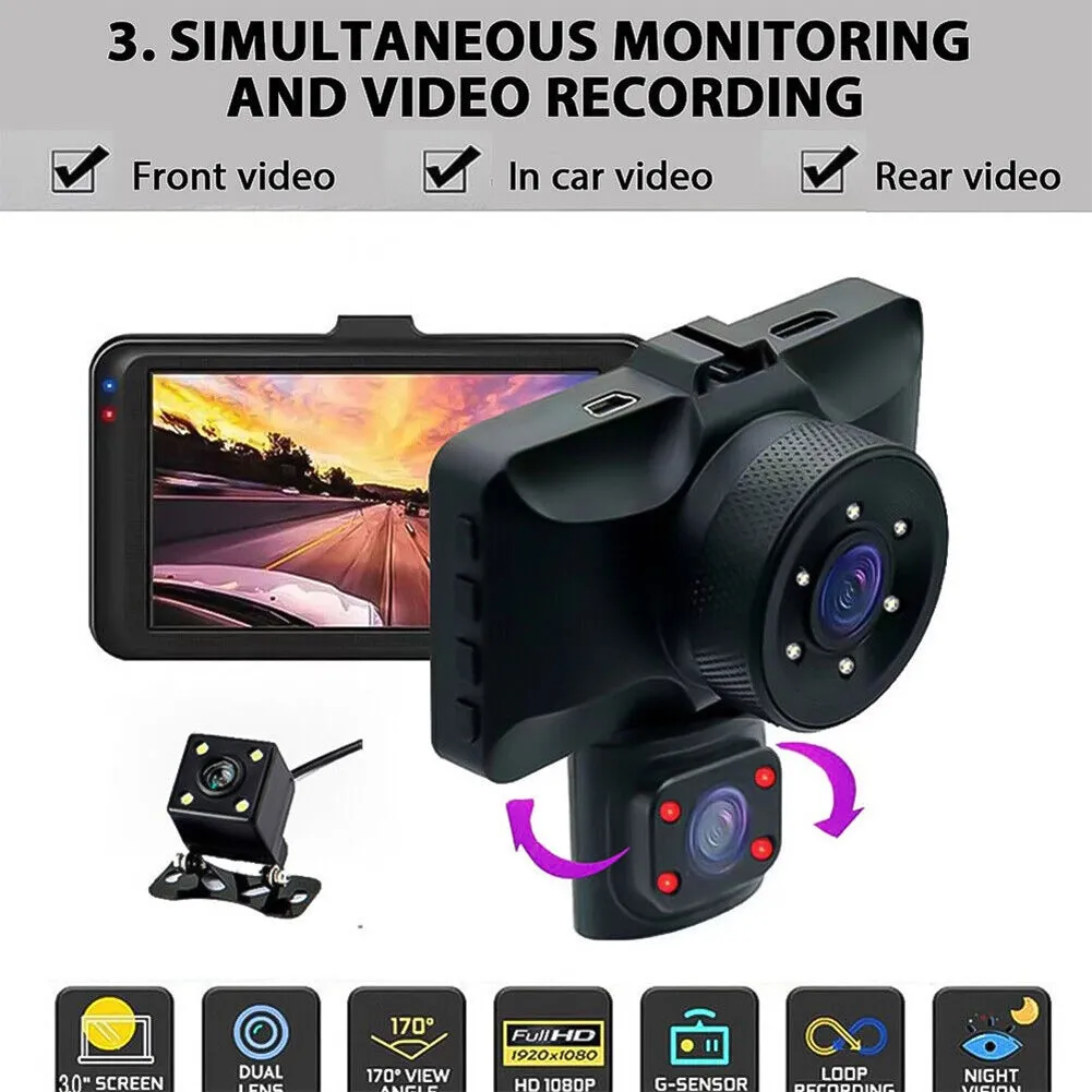 3 Channel Dash Cam Front Rear Inside 1080p Full High-Definition