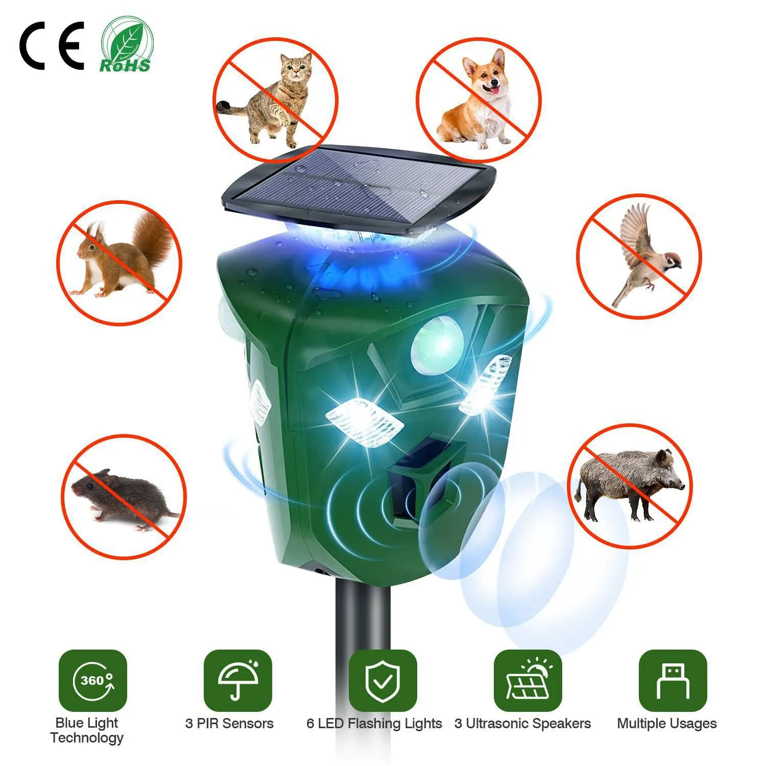 360° Electric Solar Powered Ultrasonic Repeller with Motion Sensor LED Flashing Lights