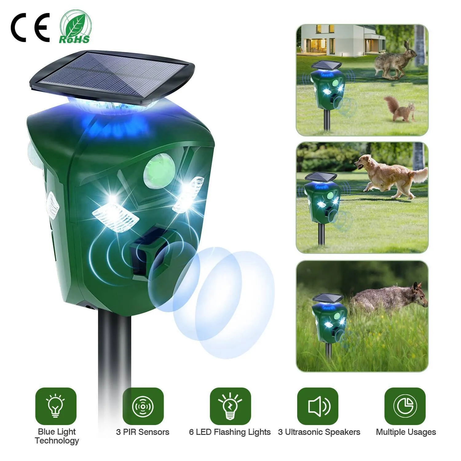 360° Electric Solar Powered Ultrasonic Repeller with Motion Sensor LED Flashing Lights