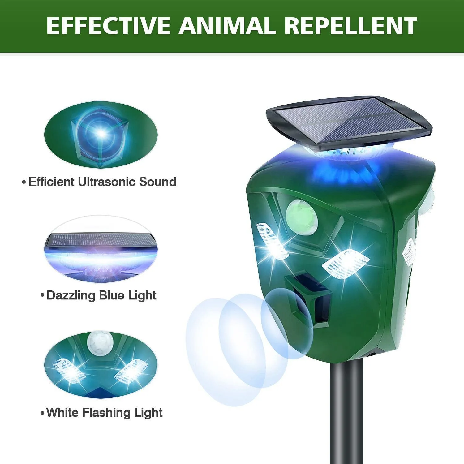 360° Electric Solar Powered Ultrasonic Repeller with Motion Sensor LED Flashing Lights