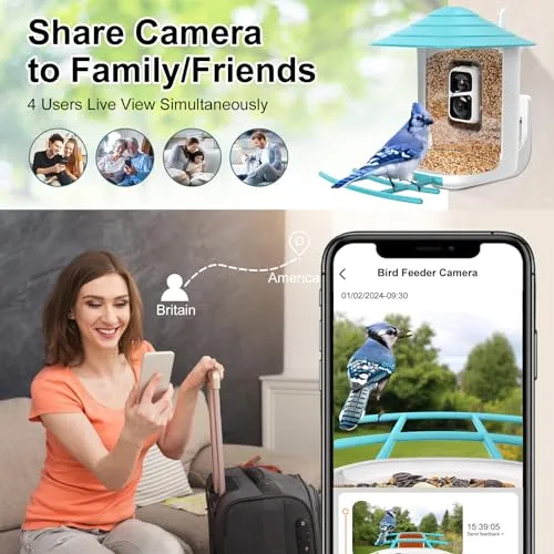 birdsnap® TUC- Smart Bird Feeder with Camera Solar Panel SD Card 4-in-1 Perch, 160°View 1080P Auto Detect & Notify, AI Identify 10000  Bird Watching Camera Wireless Outdoor for Bird Lover, Blue