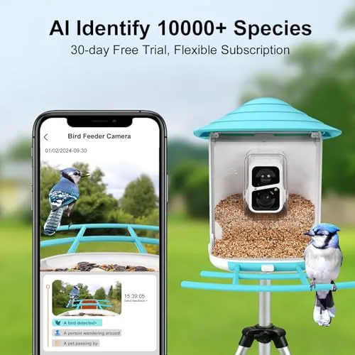 birdsnap® TUC- Smart Bird Feeder with Camera Solar Panel SD Card 4-in-1 Perch, 160°View 1080P Auto Detect & Notify, AI Identify 10000  Bird Watching Camera Wireless Outdoor for Bird Lover, Blue