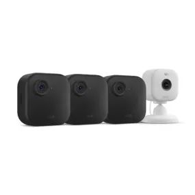 Blink Outdoor 4   Blink Mini 2 — Smart security cameras, two-way talk, HD live view, motion detection, set up in minutes, Works with Alexa — 3 camera system   Mini 2 (White)