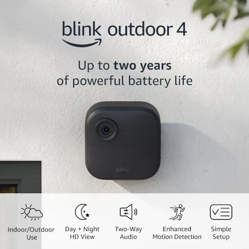 Blink Outdoor 4   Blink Mini 2 — Smart security cameras, two-way talk, HD live view, motion detection, set up in minutes, Works with Alexa — 3 camera system   Mini 2 (White)