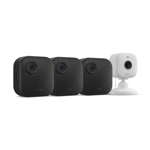 Blink Outdoor 4   Blink Mini 2 — Smart security cameras, two-way talk, HD live view, motion detection, set up in minutes, Works with Alexa — 3 camera system   Mini 2 (White)