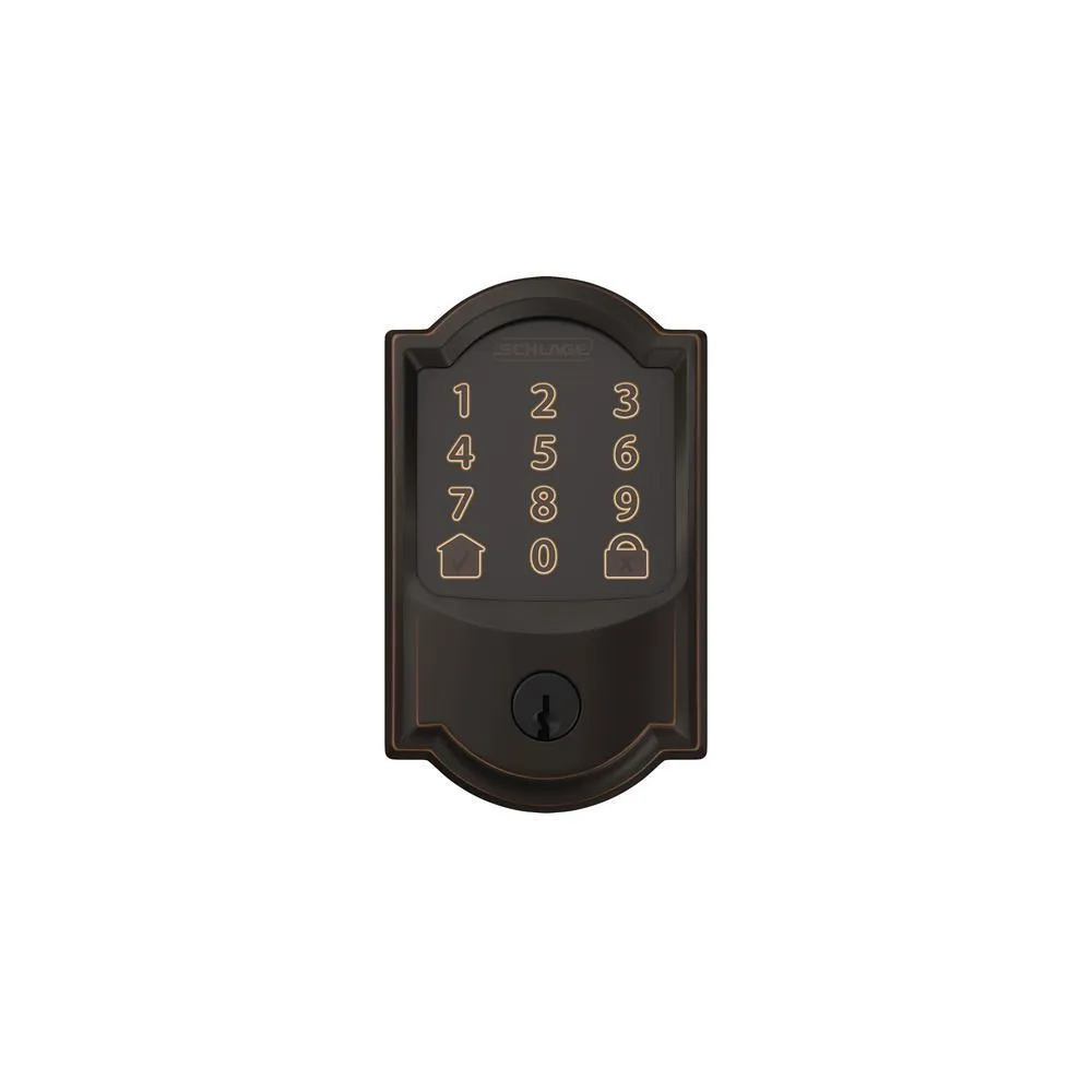 Camelot Aged Bronze Encode Smart Wi-Fi Deadbolt with Alarm and Camelot Handle Set with Accent Lever with Camelot Trim