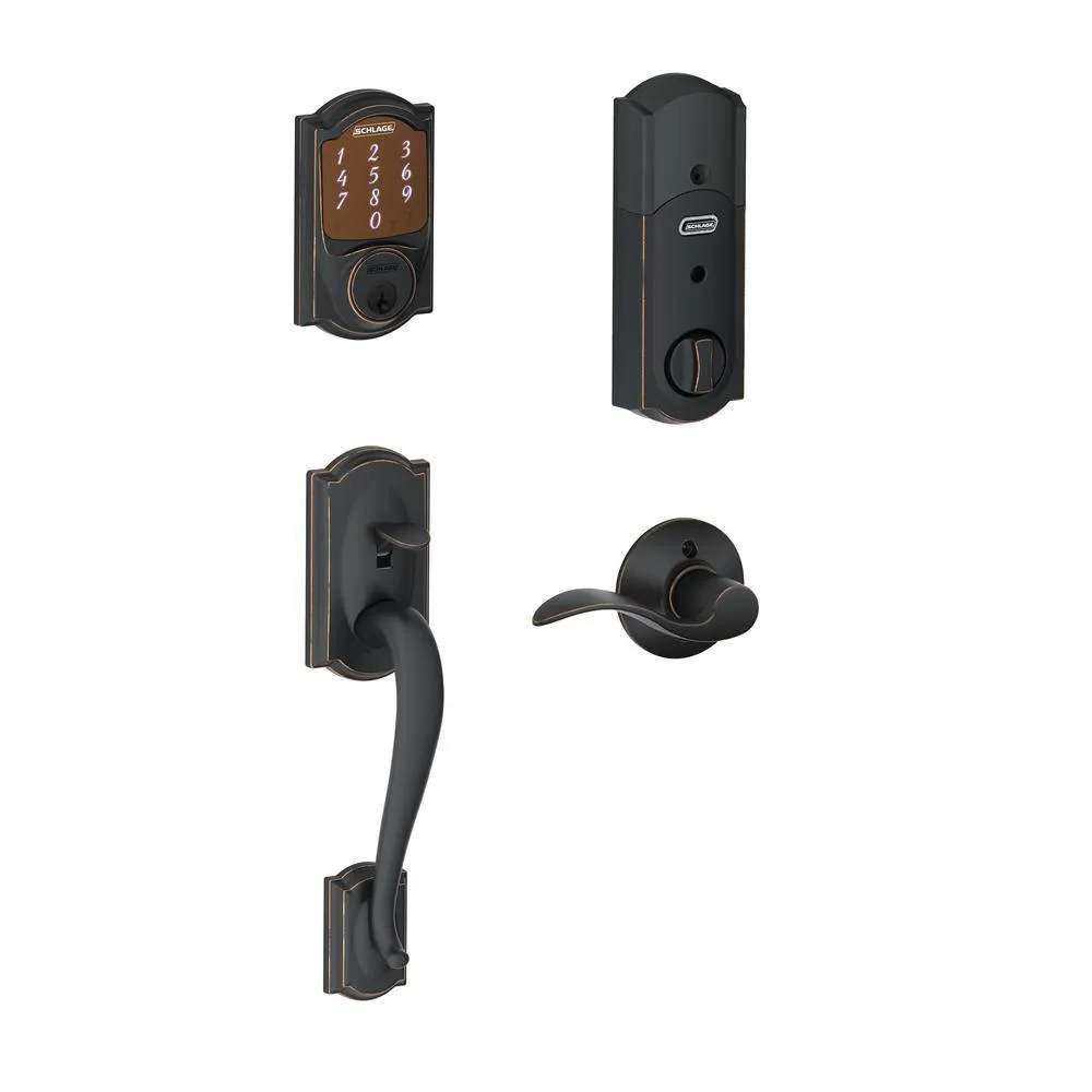 Camelot Aged Bronze Sense Smart Deadbolt and Camelot Handleset with Accent Lever with Camelot Trim