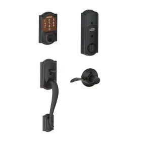 Camelot Aged Bronze Sense Smart Deadbolt and Camelot Handleset with Accent Lever with Camelot Trim