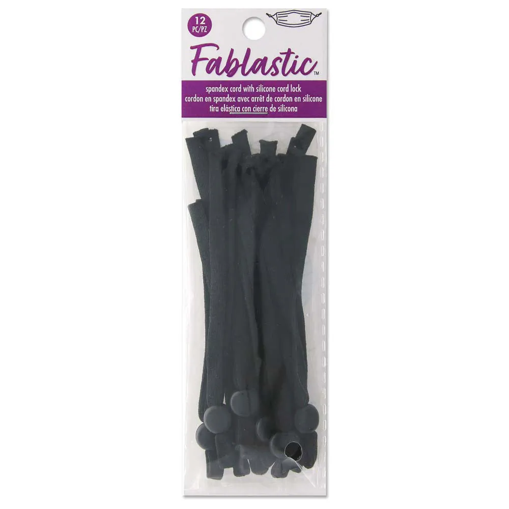 Fablastic Stretch Cord with Cord Lock for Mask Making, Flat 5mm (0.196 Inch) Thick, Black (12 Pieces)