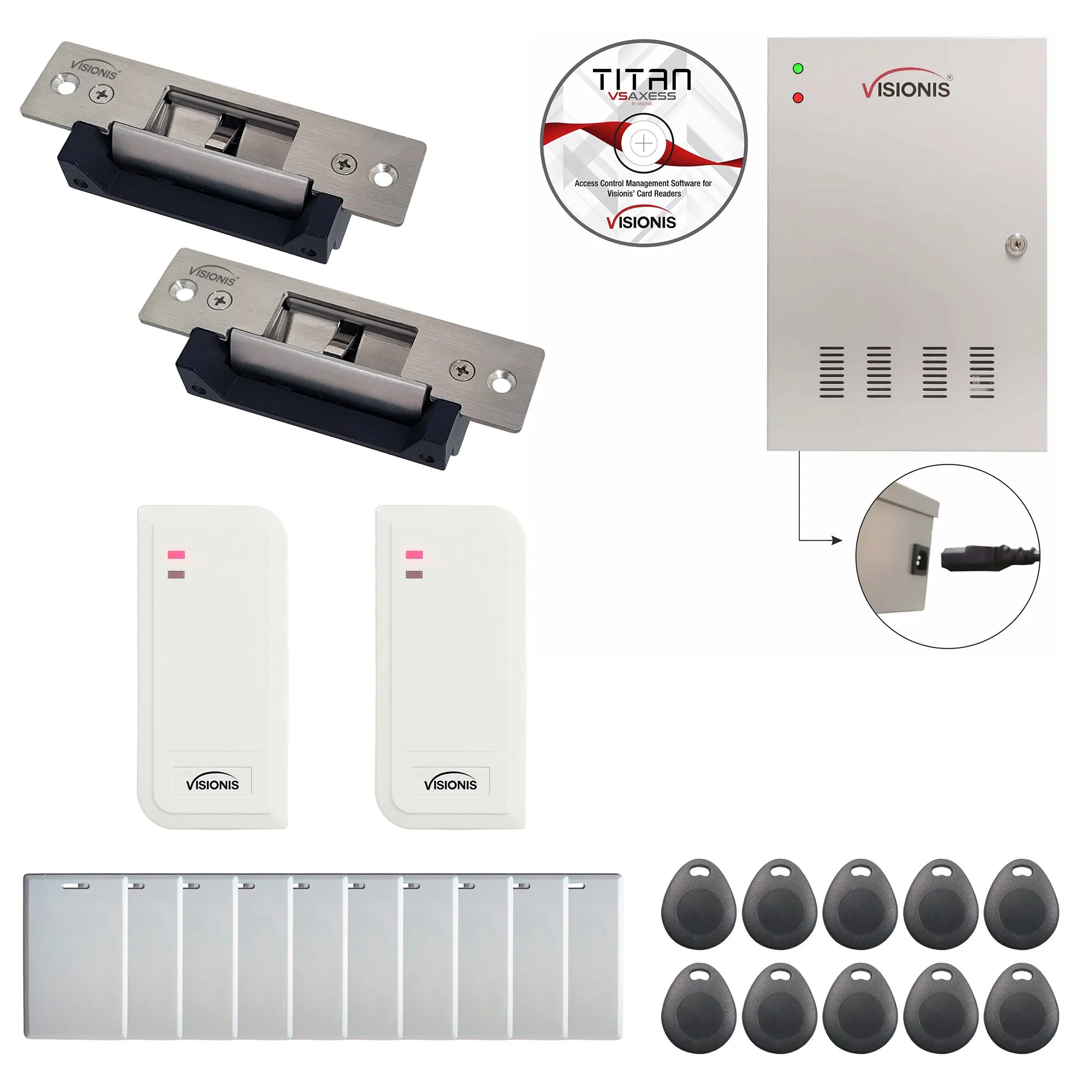 FPC-6510 Two Doors Access Control Electric Strike Fail Safe And Fail Secure Adjustable Attendance TCP/IP RS485 Wiegand Controller Box   White Waterproof Card Reader   Software   20,000 Users