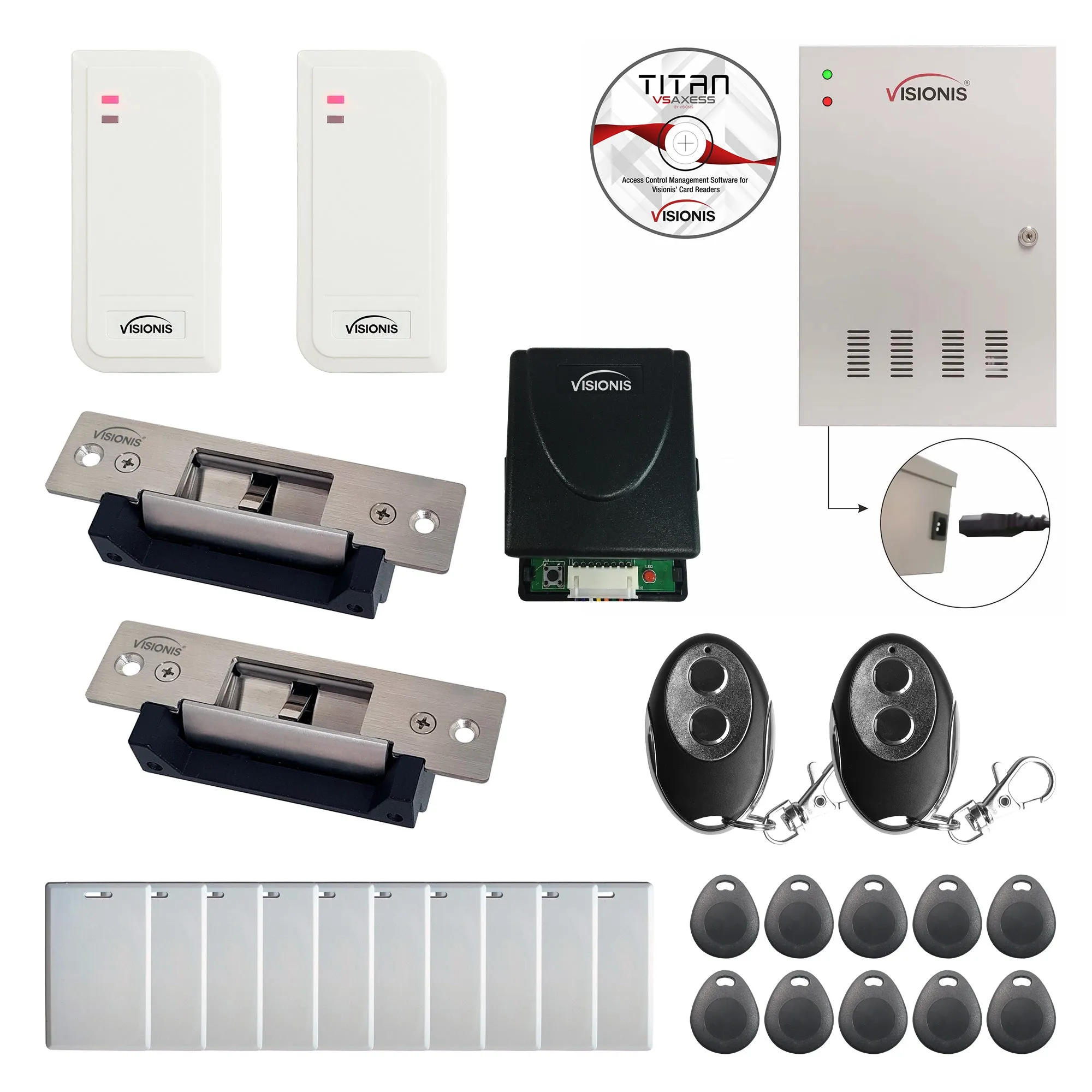 FPC-6533 Two Doors Access Control Electric Strike Fail Safe Fail Secure Adjustable TCP/IP RS485 Wiegand Controller Box   Waterproof Card Reader, Software   20000 User Wireless Receiver Kit