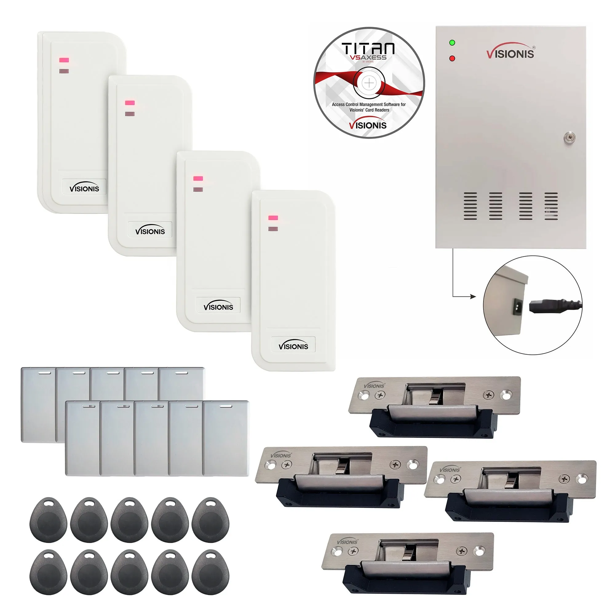 FPC-6570 Four Doors Access Control TCP/IP RS485 Wiegand Electric Strike Fail Safe And Fail Secure Adjustable Controller Box   Waterproof Card Reader   Software Included   20,000 Users Kit