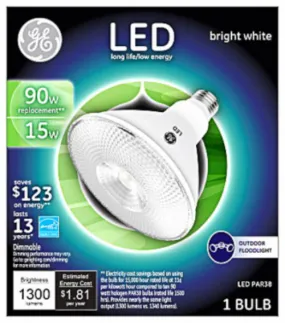 GE 38451 LED Medium Base Clear PAR38 Outdoor Floodlight Bulb, Bright White, 15W
