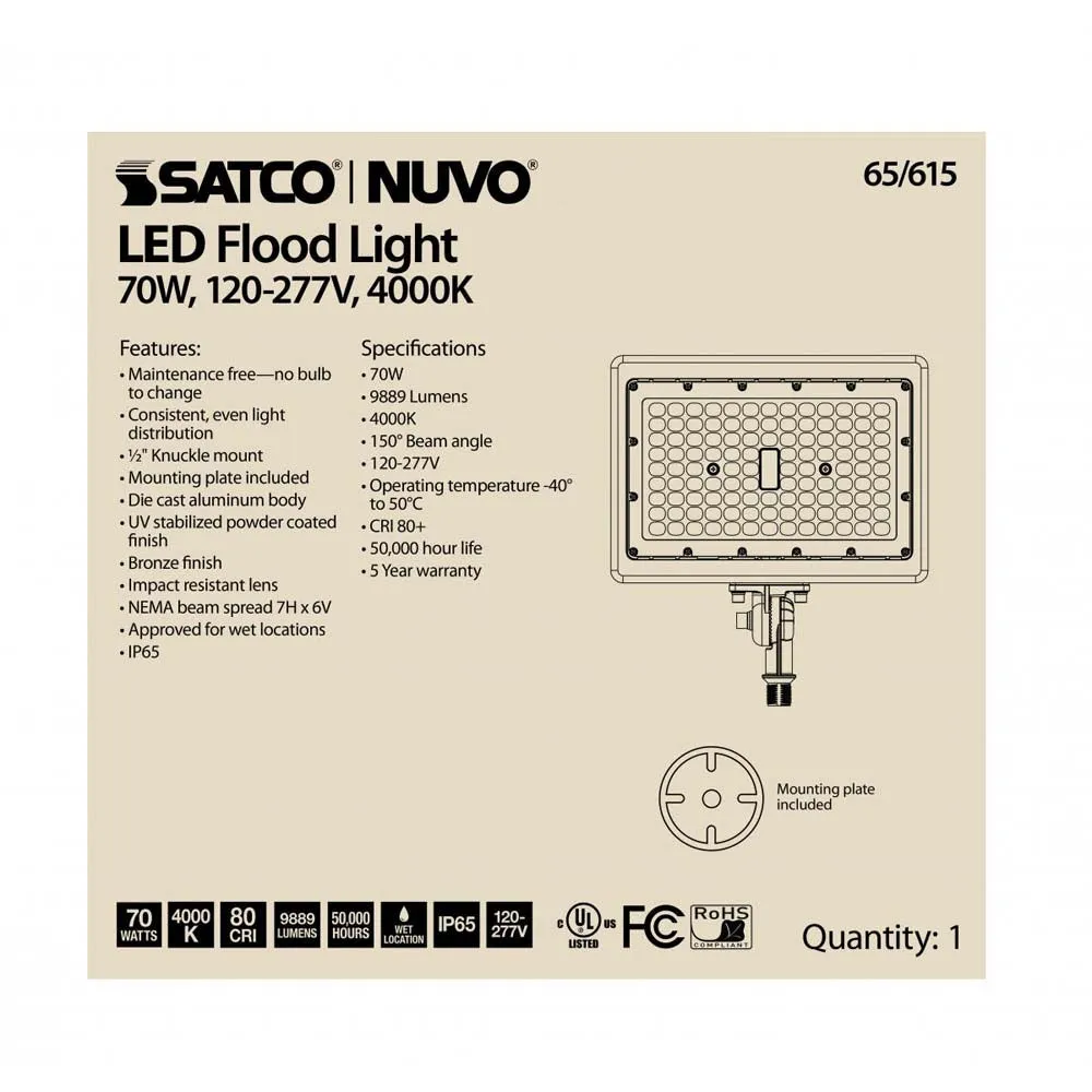 LED Flood Light 70w 4000K Bronze Finish 100-277V