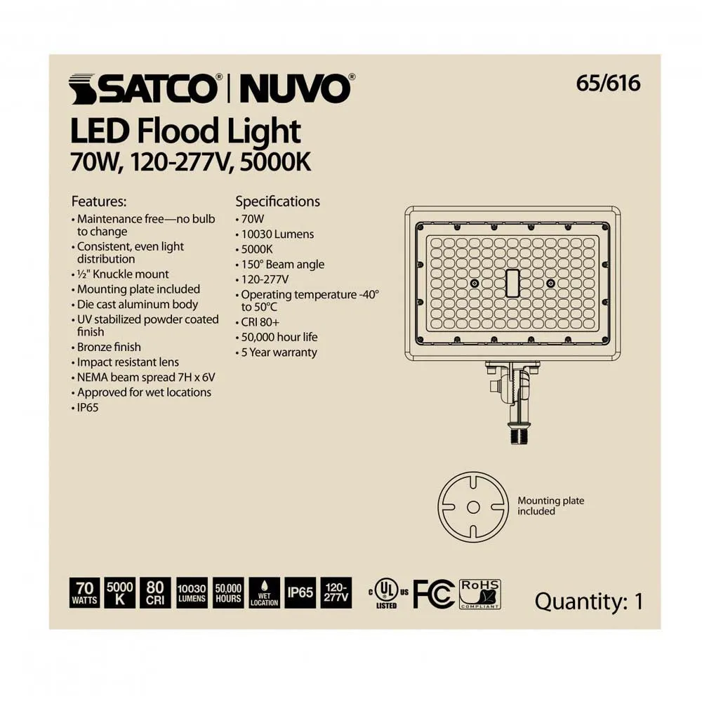 LED Flood Light 70w 5000K Bronze Finish 100-277V