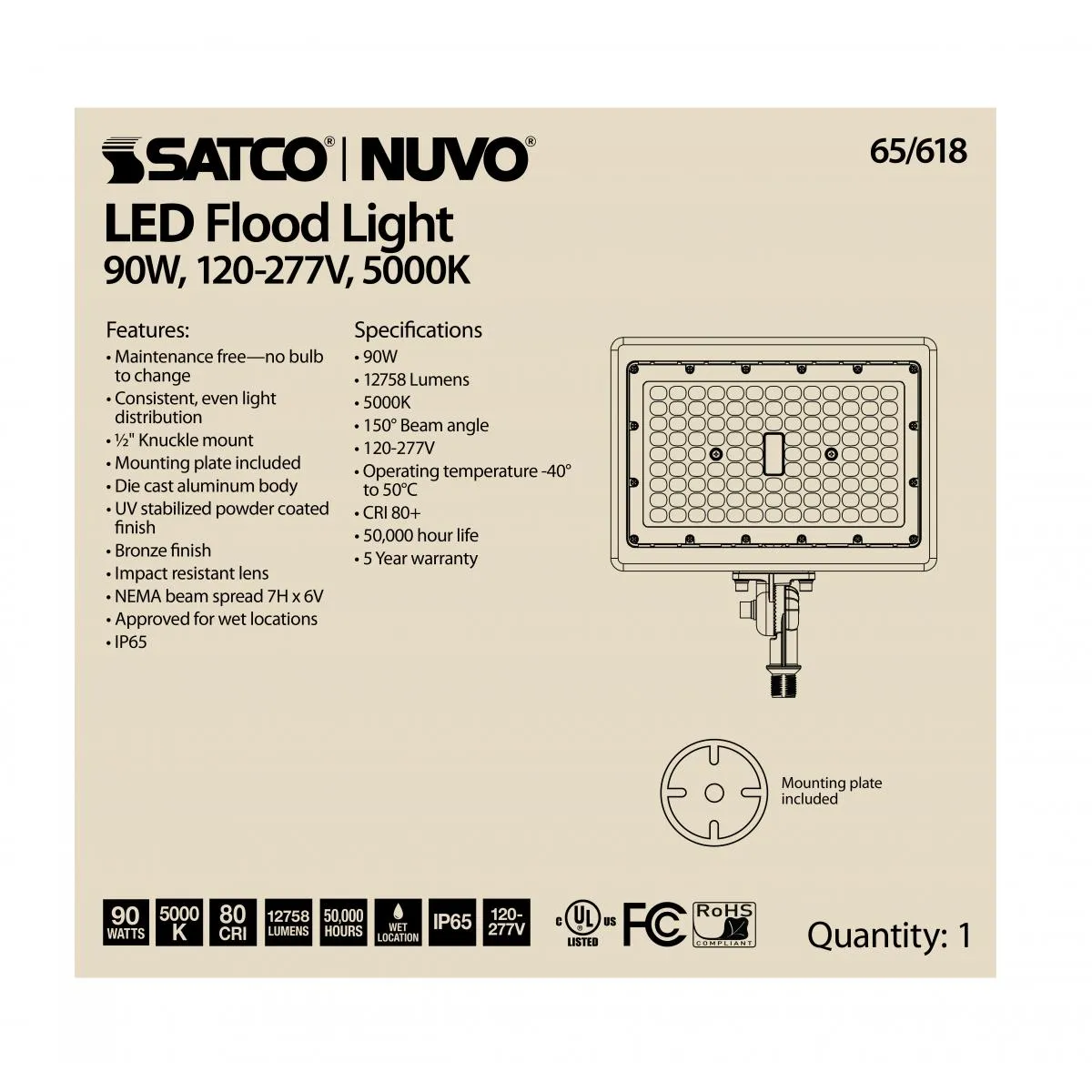 LED Flood Light 90w 5000K Bronze Finish 100-277V