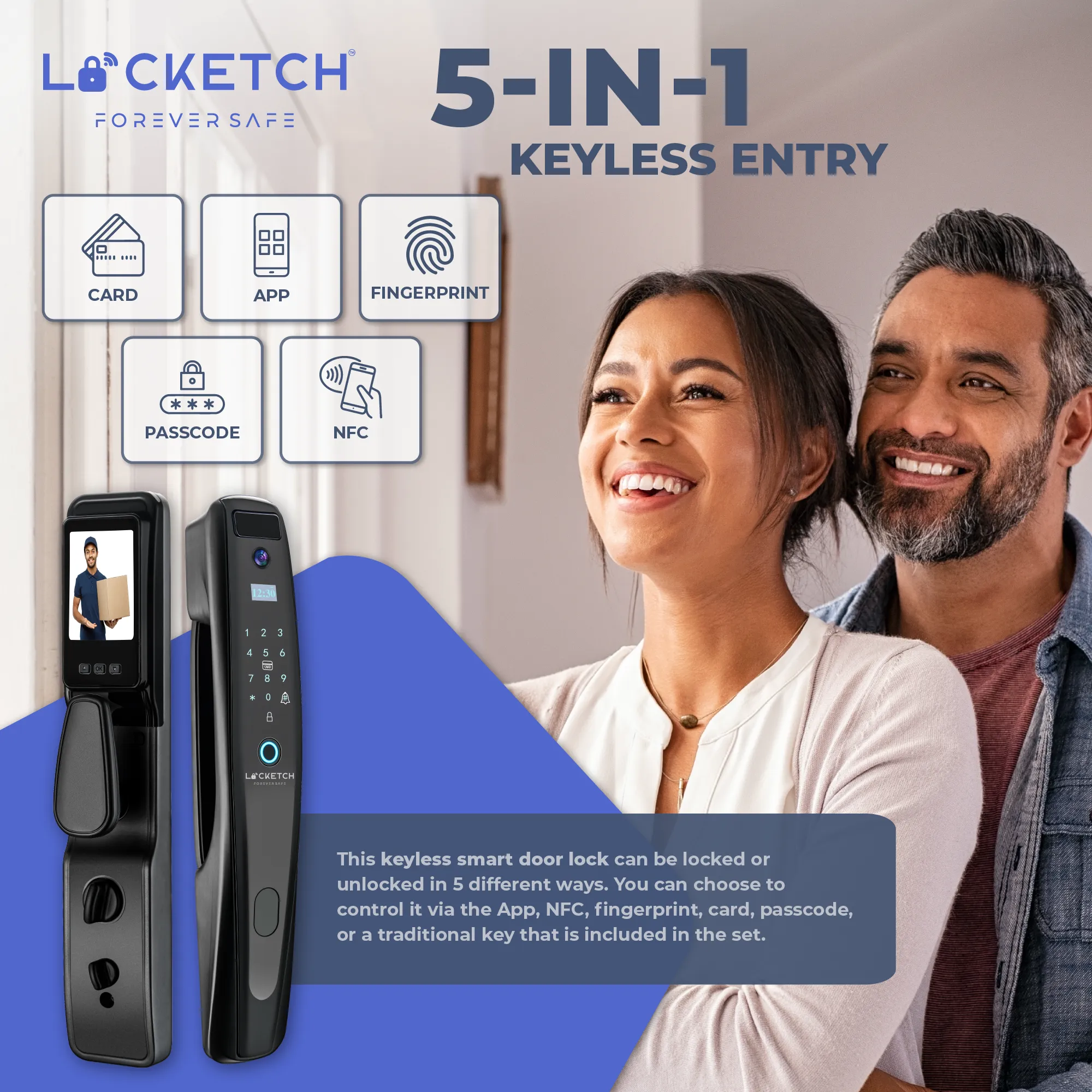 Locketch Night Vision Camera Smart Door Lock & Doorbell for Homes 5-In-1 Keyless Smart Door Lock with Camera Featuring App & NFC – Wi-Fi Connection