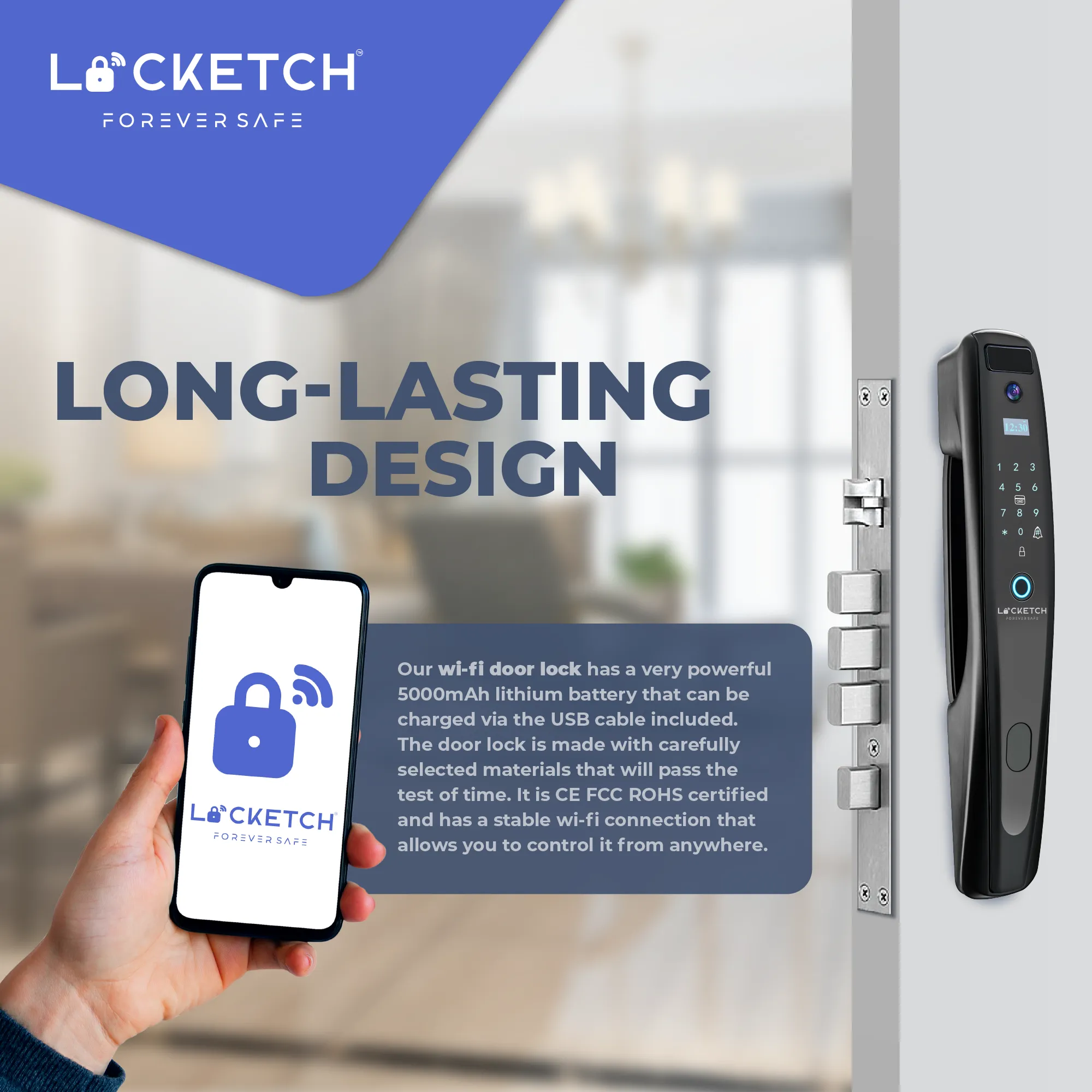 Locketch Night Vision Camera Smart Door Lock & Doorbell for Homes 5-In-1 Keyless Smart Door Lock with Camera Featuring App & NFC – Wi-Fi Connection
