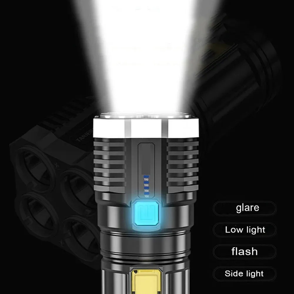 Portable Bright Flashlight 4 LED Heads Torches Camping Light Lamp USB Rechargeable with Power Display and COB Side Floodlights