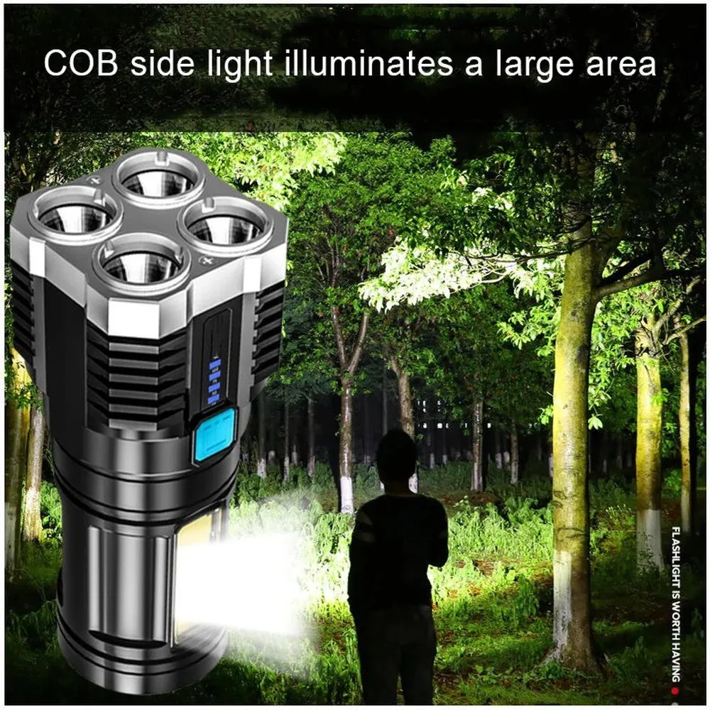 Portable Bright Flashlight 4 LED Heads Torches Camping Light Lamp USB Rechargeable with Power Display and COB Side Floodlights