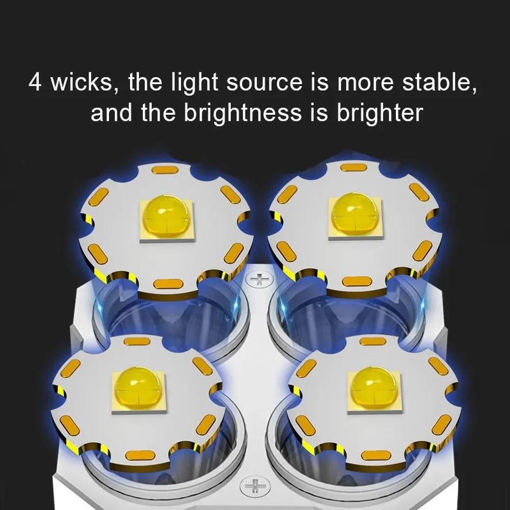 Portable Bright Flashlight 4 LED Heads Torches Camping Light Lamp USB Rechargeable with Power Display and COB Side Floodlights