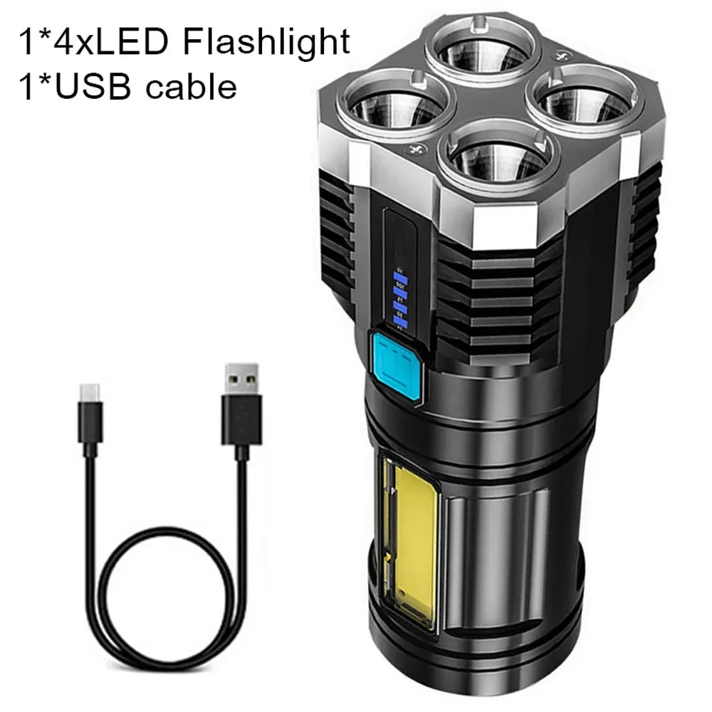 Portable Bright Flashlight 4 LED Heads Torches Camping Light Lamp USB Rechargeable with Power Display and COB Side Floodlights