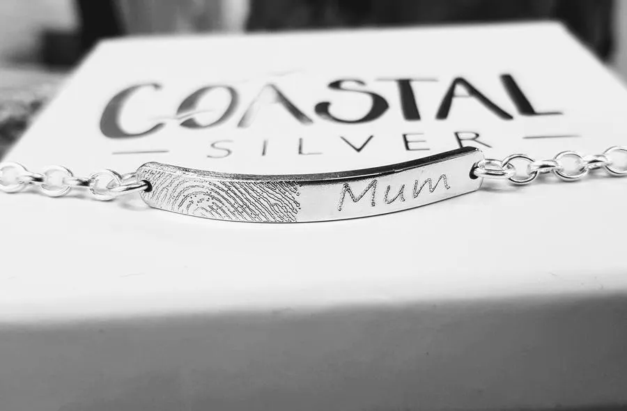 Silver Fingerprint and Handwriting Bar Bracelet