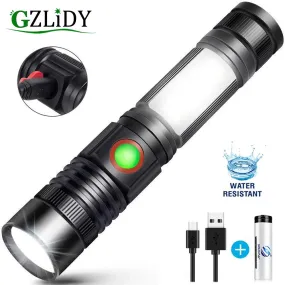 Super Bright T6 LED Flashlight USB Rechargeable Waterproof COB Torch Zoom Camping Lamp Portable 18650 Lantern with Tail Magnet