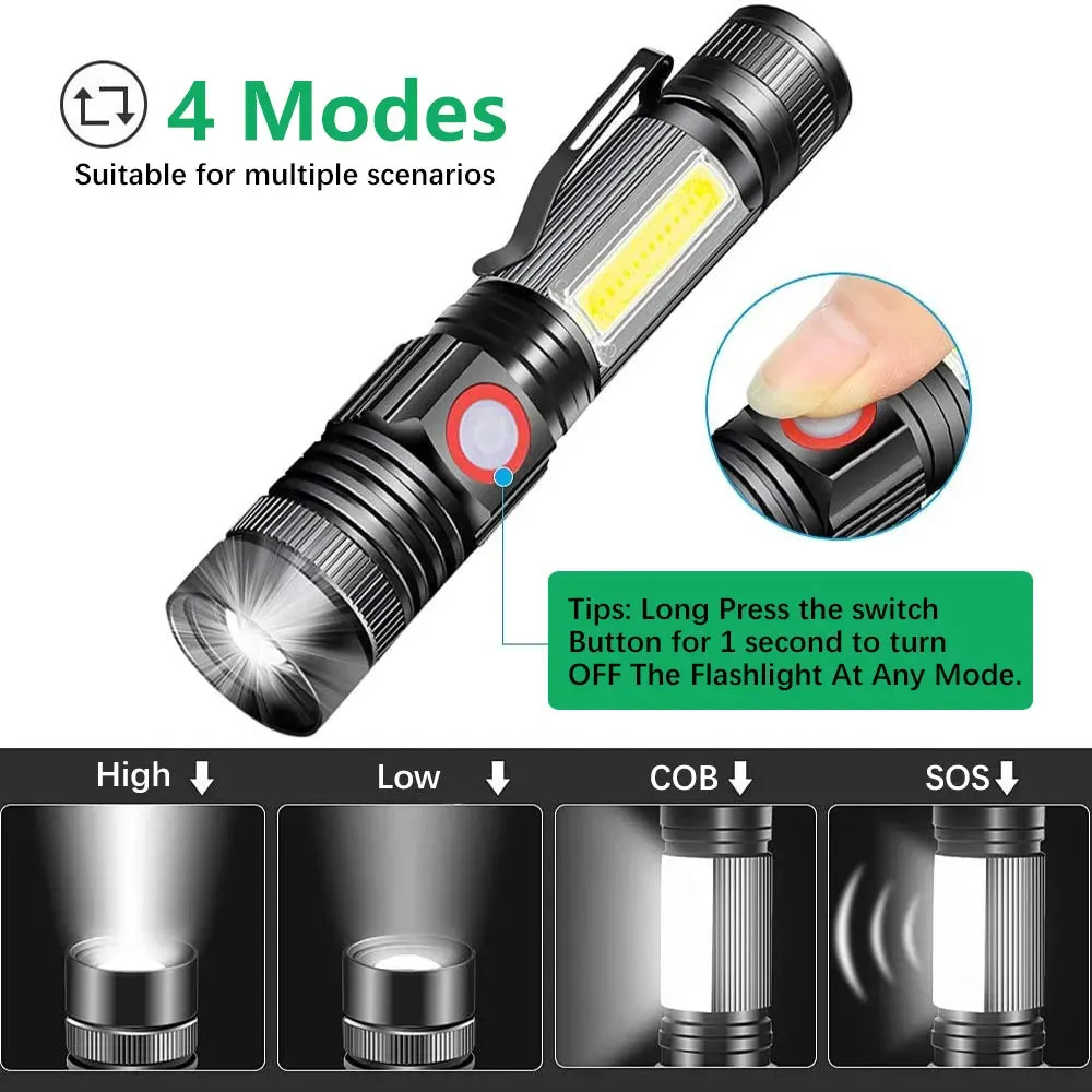 Super Bright T6 LED Flashlight USB Rechargeable Waterproof COB Torch Zoom Camping Lamp Portable 18650 Lantern with Tail Magnet