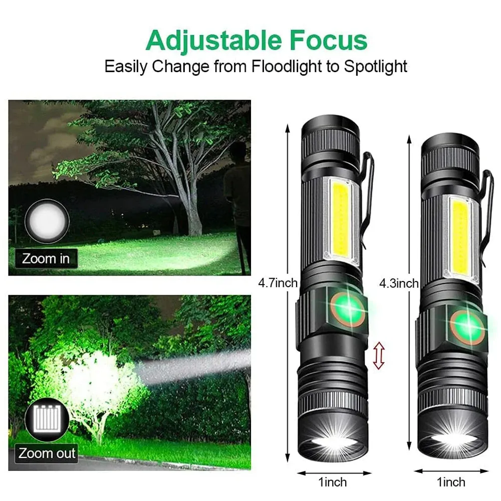 Super Bright T6 LED Flashlight USB Rechargeable Waterproof COB Torch Zoom Camping Lamp Portable 18650 Lantern with Tail Magnet