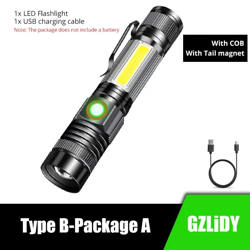 Super Bright T6 LED Flashlight USB Rechargeable Waterproof COB Torch Zoom Camping Lamp Portable 18650 Lantern with Tail Magnet