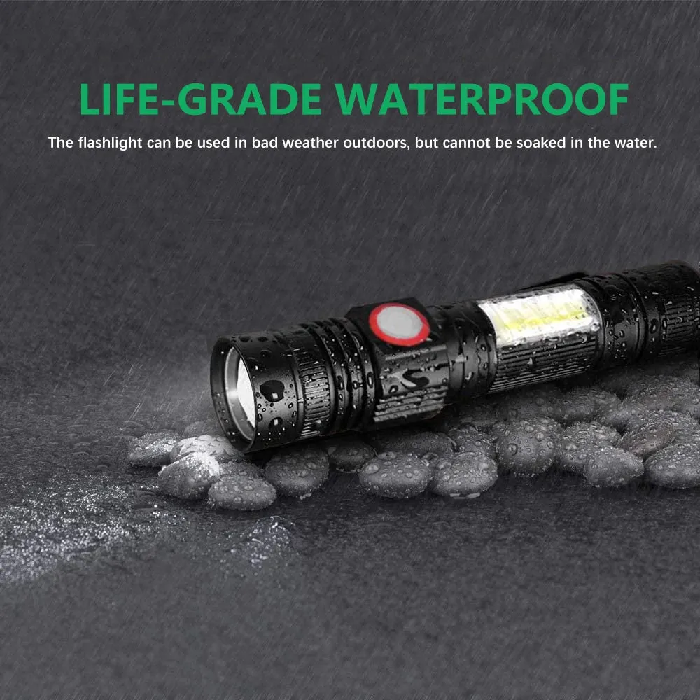 Super Bright T6 LED Flashlight USB Rechargeable Waterproof COB Torch Zoom Camping Lamp Portable 18650 Lantern with Tail Magnet