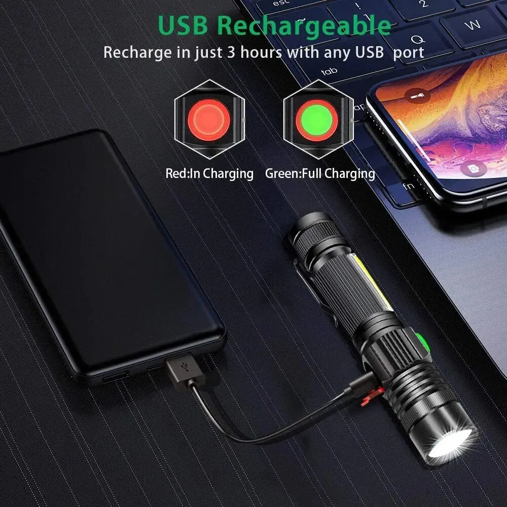 Super Bright T6 LED Flashlight USB Rechargeable Waterproof COB Torch Zoom Camping Lamp Portable 18650 Lantern with Tail Magnet