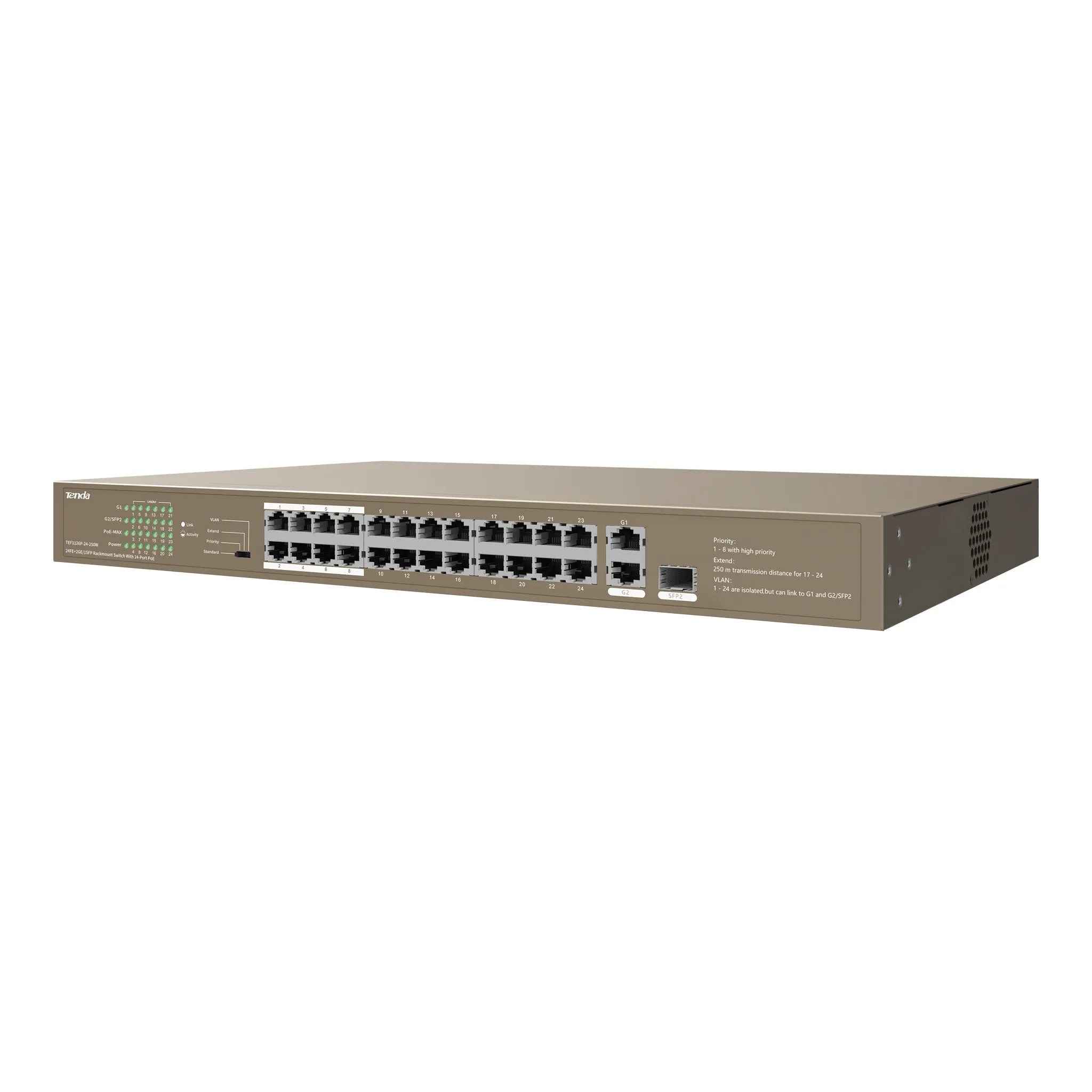 Tenda TEF1126P-24-250W 24-Port 230W PoE 24FE 2GE/1SFP Unmanaged 1U Rackmount Switch