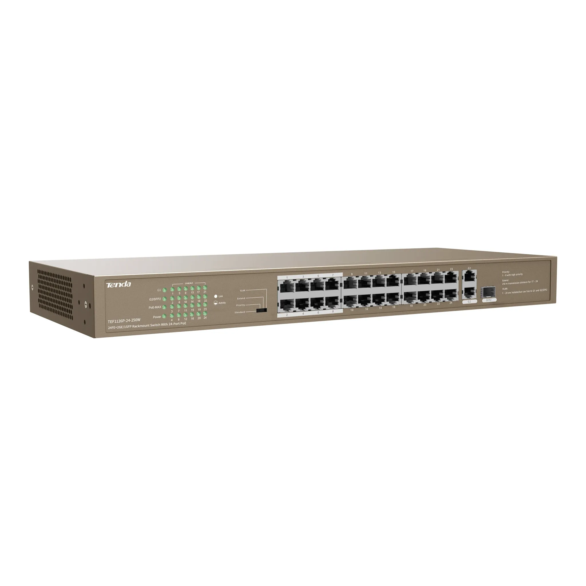 Tenda TEF1126P-24-250W 24-Port 230W PoE 24FE 2GE/1SFP Unmanaged 1U Rackmount Switch