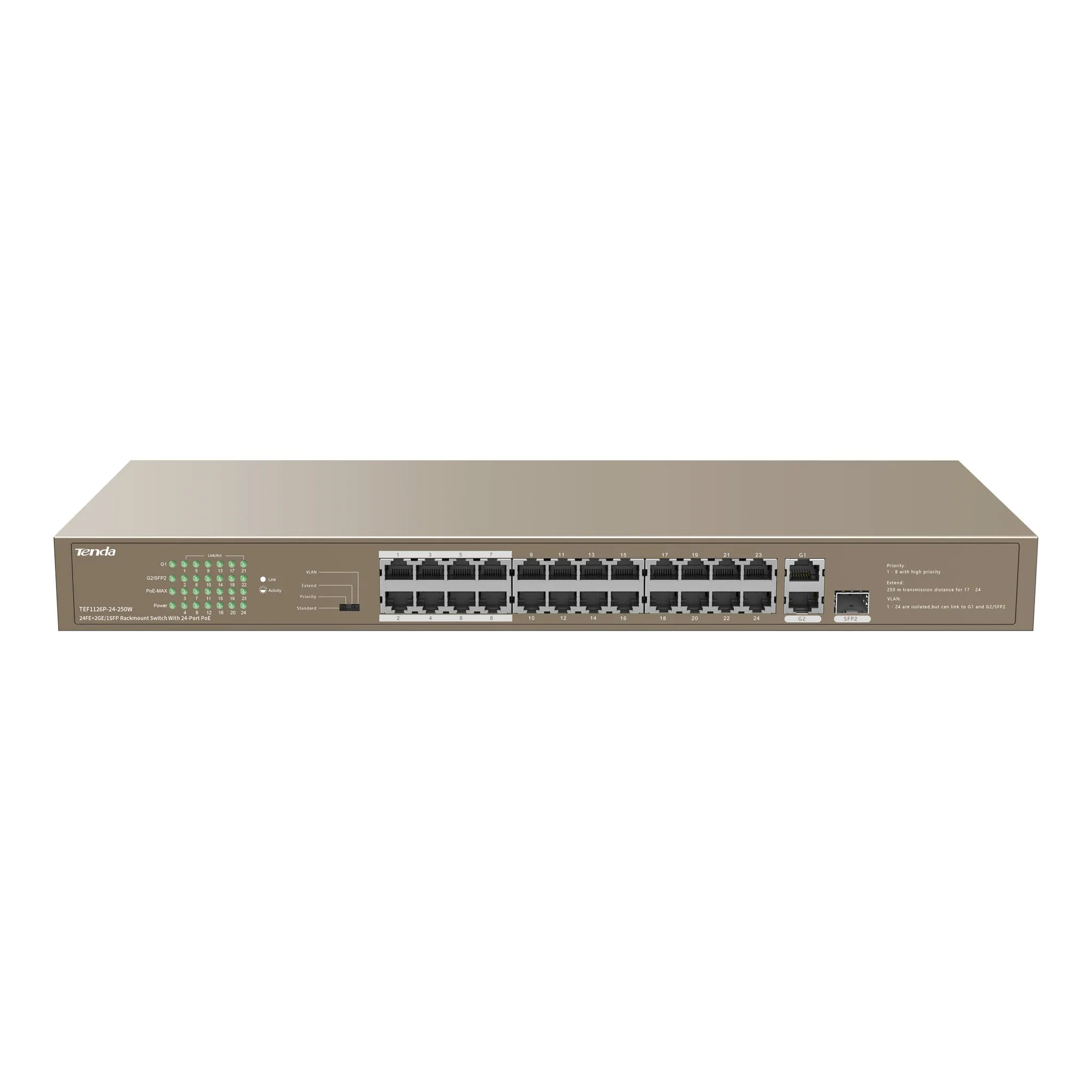 Tenda TEF1126P-24-250W 24-Port 230W PoE 24FE 2GE/1SFP Unmanaged 1U Rackmount Switch