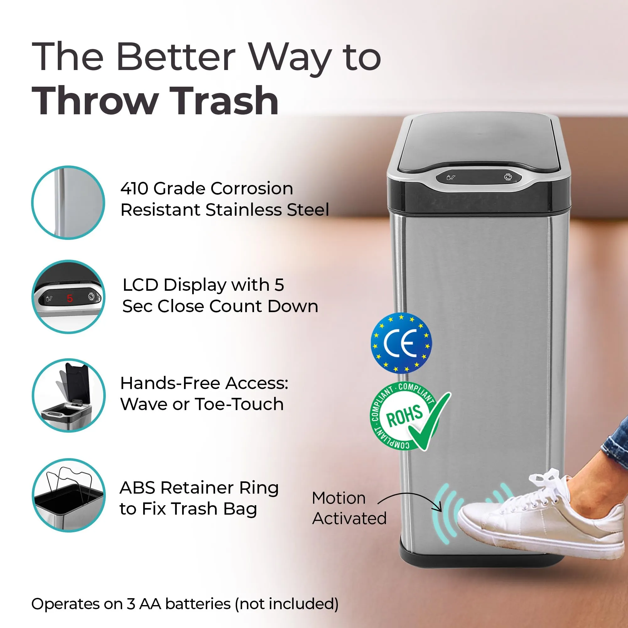 The Better Home 20L (46cm) Stainless Steel Automatic Dustbin With Lid | Dustbin For Bathroom | Dustbin For Kitchen | Trash Bin For Home & Office | Silver