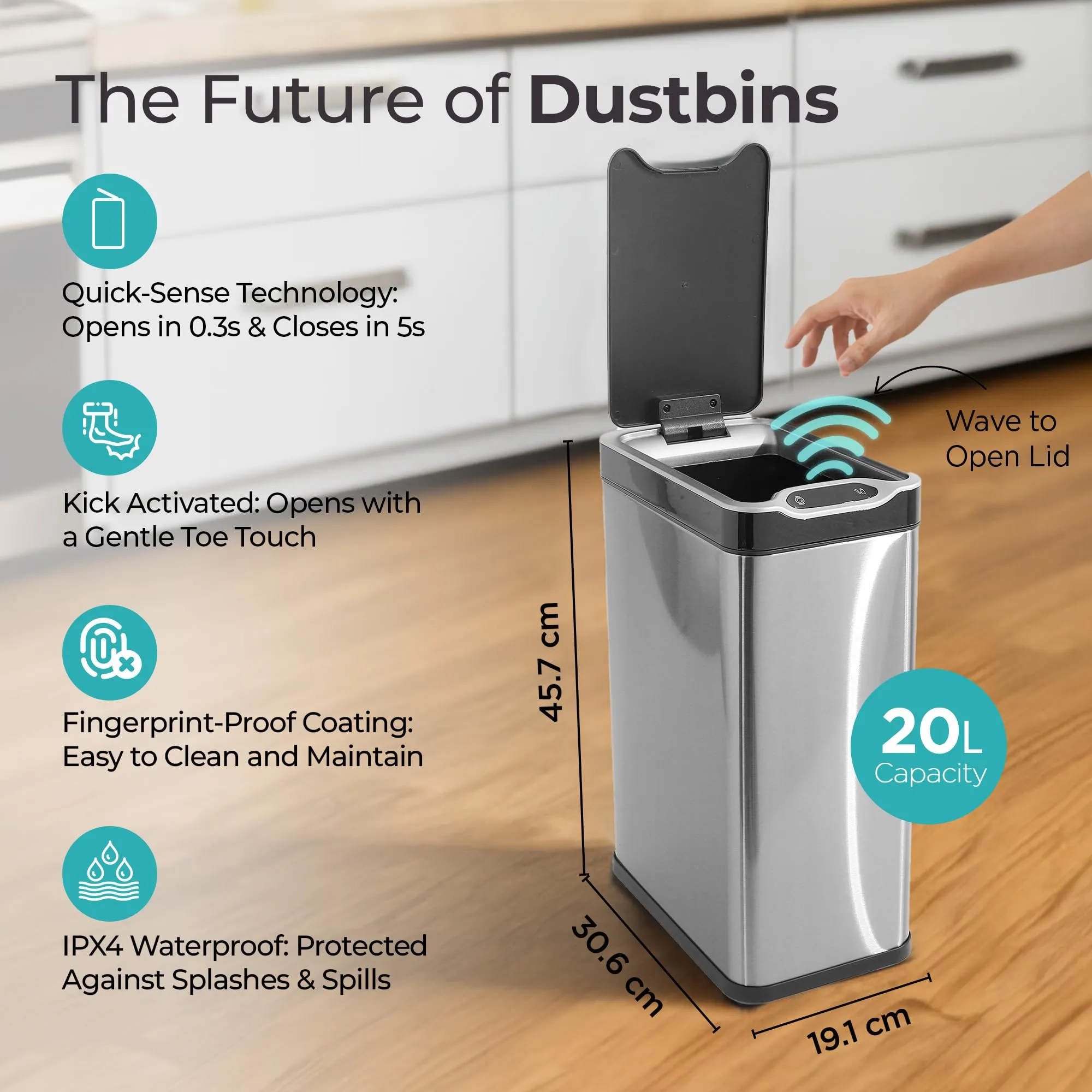 The Better Home 20L (46cm) Stainless Steel Automatic Dustbin With Lid | Dustbin For Bathroom | Dustbin For Kitchen | Trash Bin For Home & Office | Silver