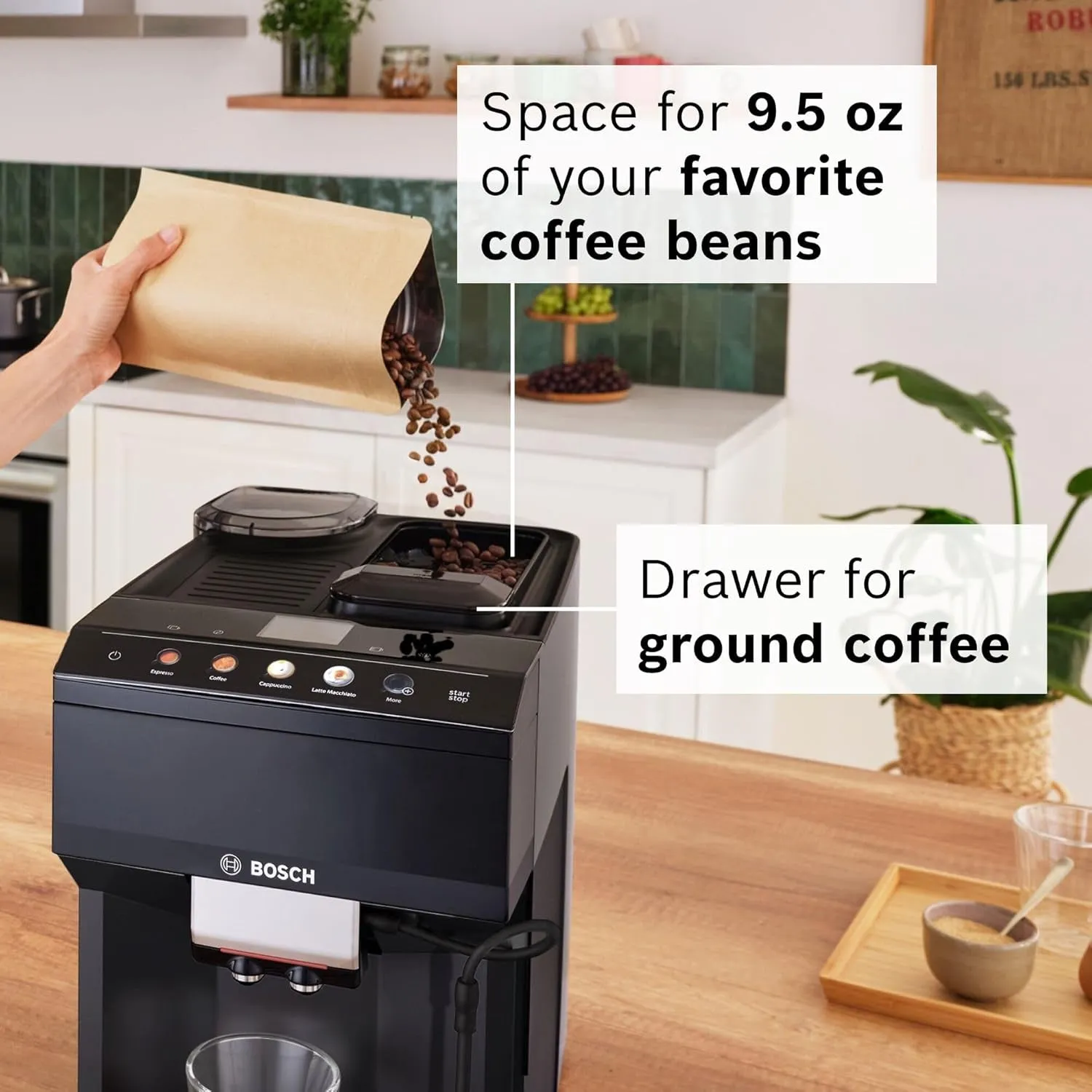 TPU40109 500 Series Fully Automatic Espresso Machine with Whole Bean Compartment and Ground Coffee Chute, TFT Display & Touch Control Panel