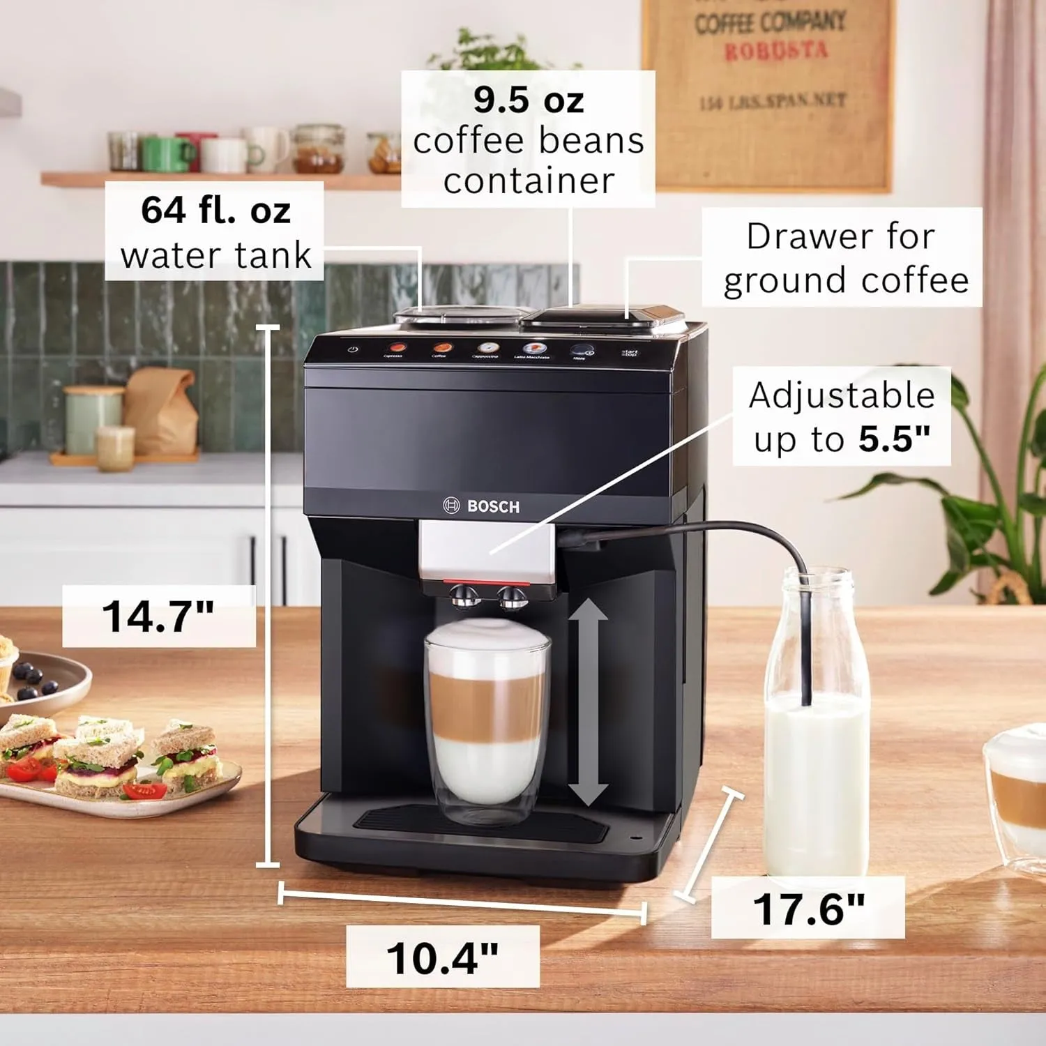 TPU40109 500 Series Fully Automatic Espresso Machine with Whole Bean Compartment and Ground Coffee Chute, TFT Display & Touch Control Panel