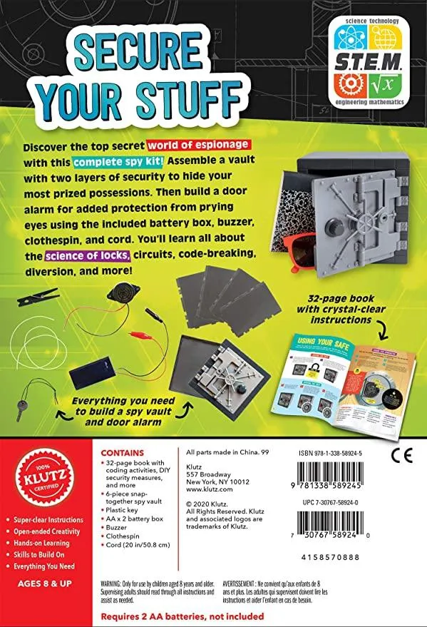 ULTIMATE SPY VAULT & CODE KIT 8  Book & S.T.E.M Kit-Build Your Own Safe & Buzzing Door Alarm