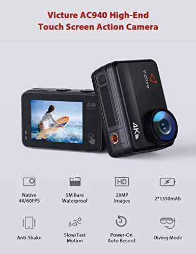 Victure 4K 60FPS AC940 Action Camera 8M Bare Machine Waterproof 20MP Sports Camera with Touch Screen Vlog Camera EIS Remote Control 131 Feet Underwater Camcorder with 1350mAh Batteries and Accessories