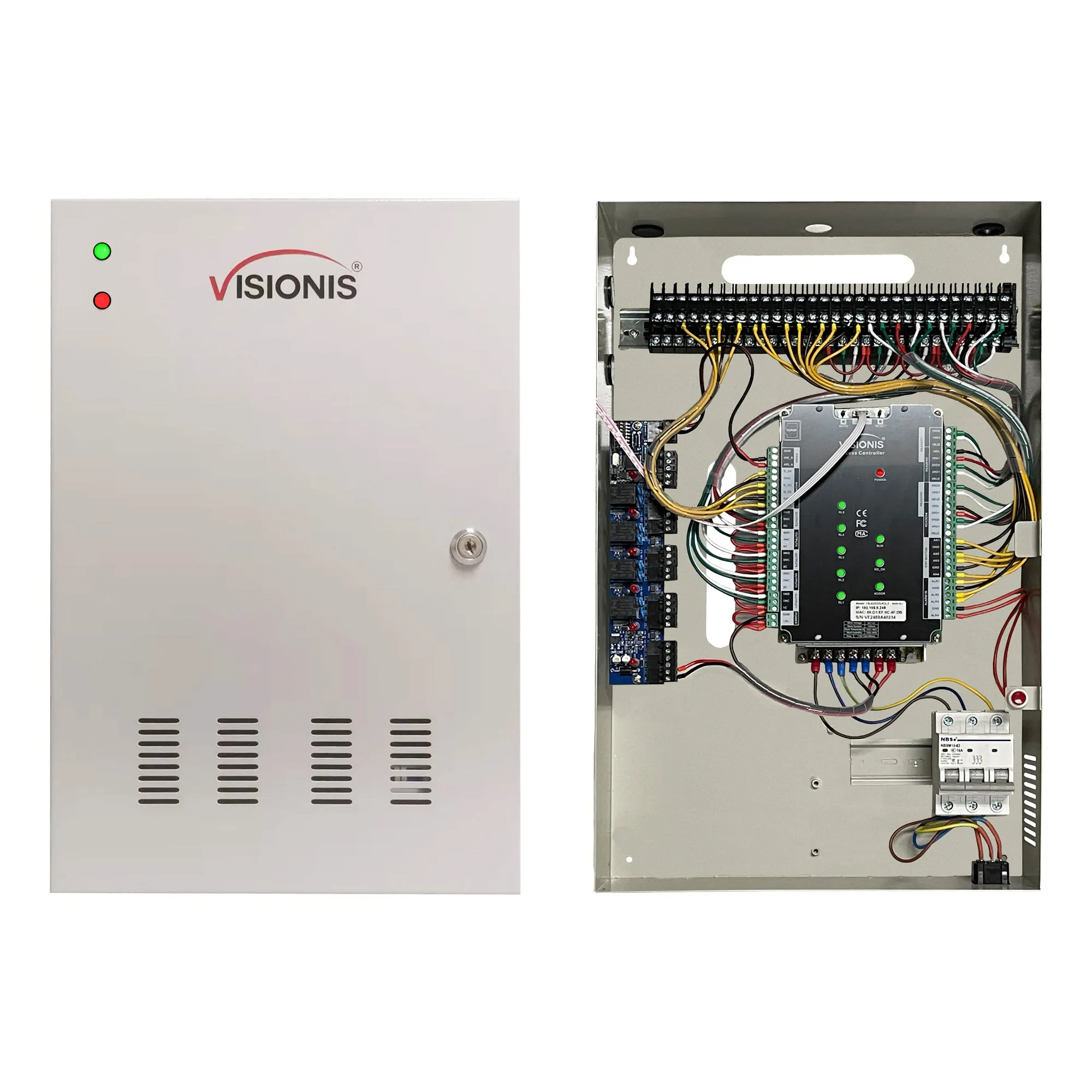 VIS-AXESS-4DLX (Version 2.0) – Four Door   Network Access Control Panel   Controller Board With Cabinet   TCP IP   Wiegand   Desktop Software   20,000 Users 70,000 Records   Fire Alarm Extension Board
