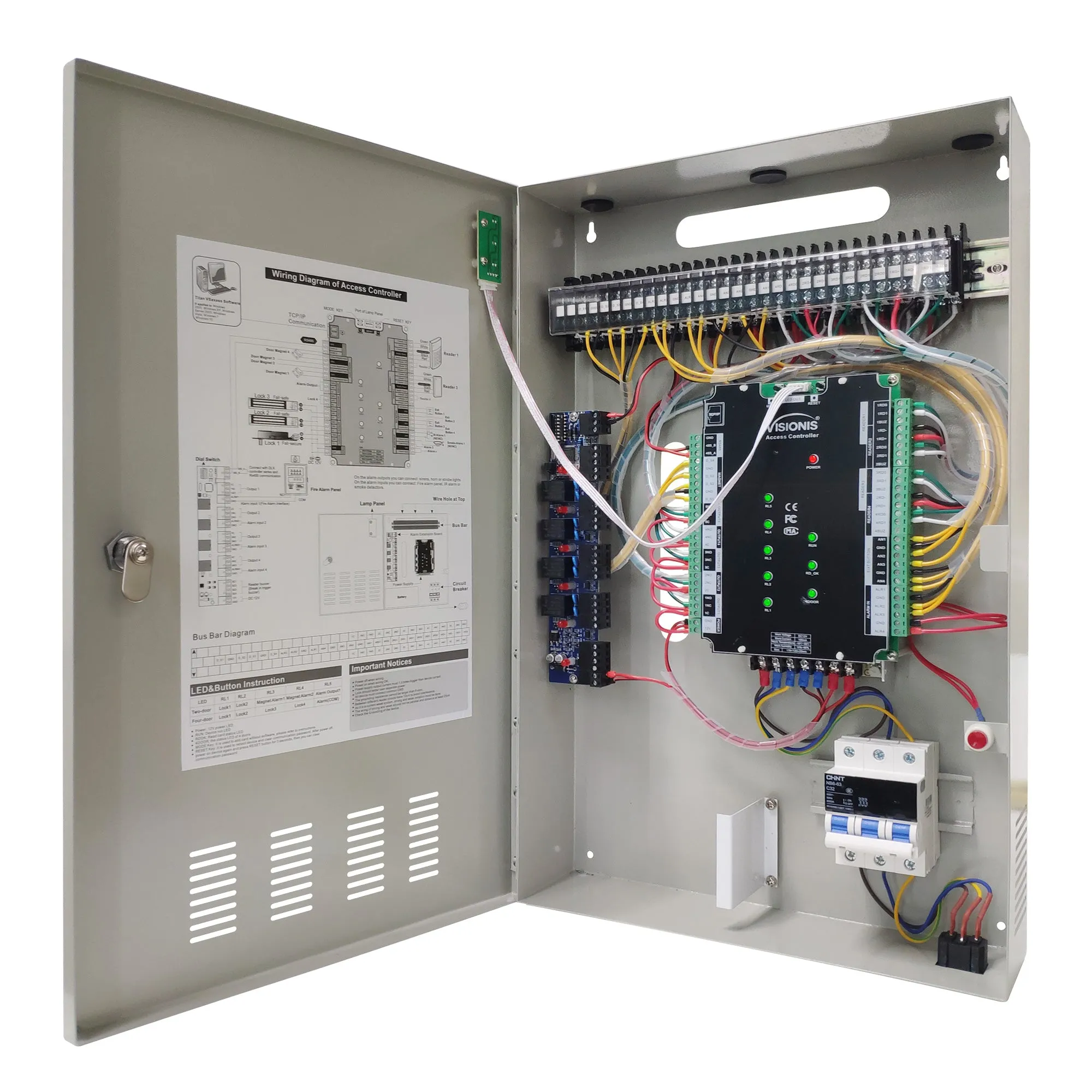 VIS-AXESS-4DLX (Version 2.0) – Four Door   Network Access Control Panel   Controller Board With Cabinet   TCP IP   Wiegand   Desktop Software   20,000 Users 70,000 Records   Fire Alarm Extension Board