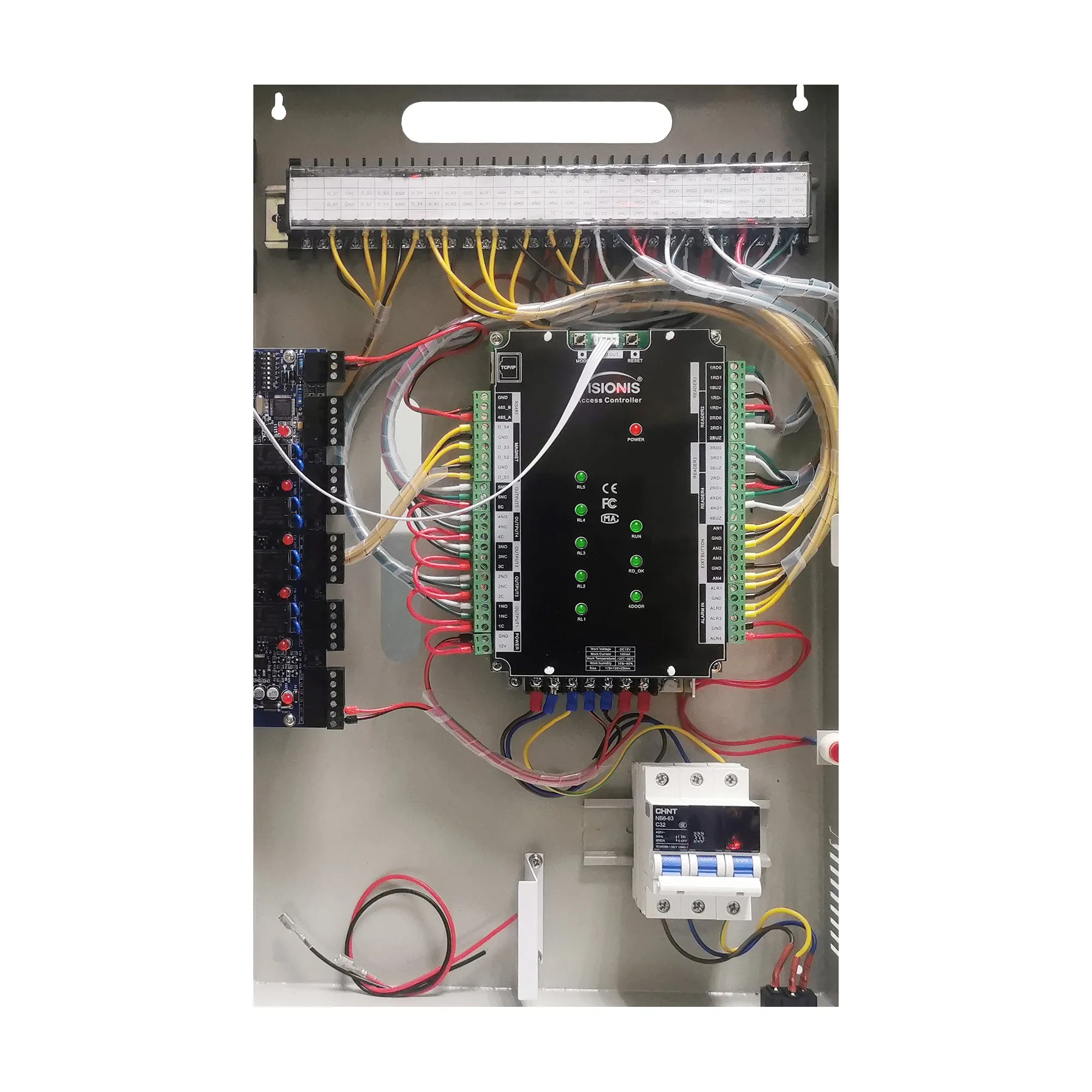 VIS-AXESS-4DLX (Version 2.0) – Four Door   Network Access Control Panel   Controller Board With Cabinet   TCP IP   Wiegand   Desktop Software   20,000 Users 70,000 Records   Fire Alarm Extension Board